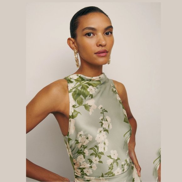 Reformation Anaiis Silk Dress | Tarragon - Picture 3 of 7